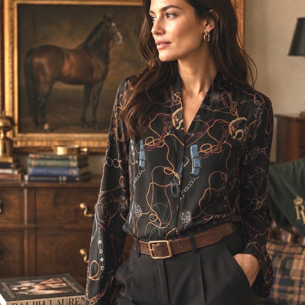 Draper's & Damon's Blouse L Black Equestrian Chain Print V-Neck Top Horses Regal